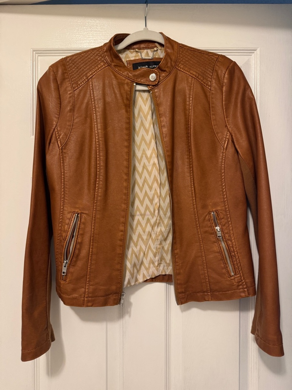Black Rivet Cognac Faux Leather Motorcycle-Style Jacket